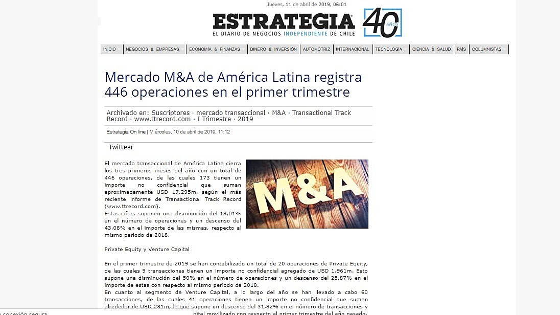 Mercado de fusiones y adquisiciones en A. Latina registra 446 transacciones en el primer trimestre de 2019